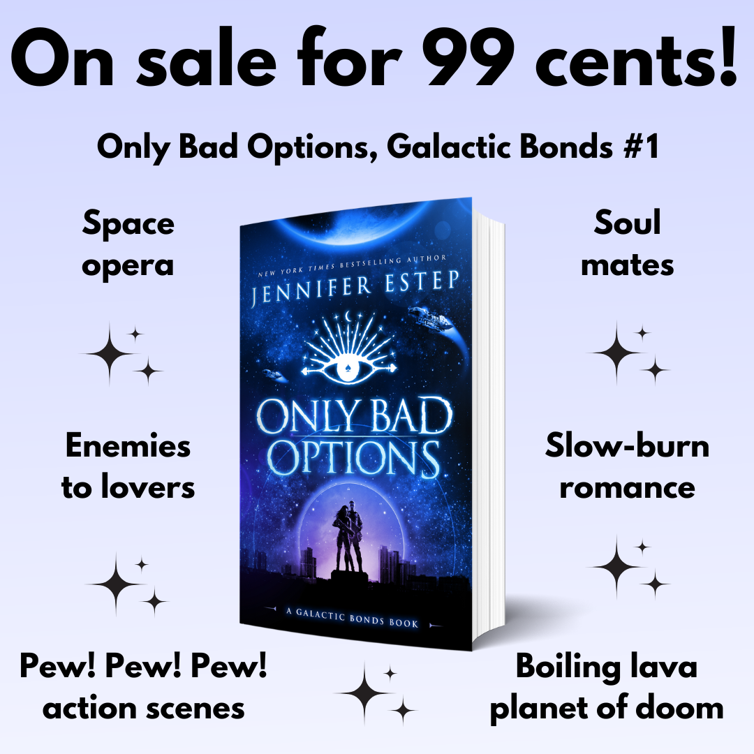 Only Bad Options 99-cent ebook sale info box with blue book cover