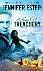 A Touch of Treachery cover art with a man and a woman on a snowy background with an explosive in the distance